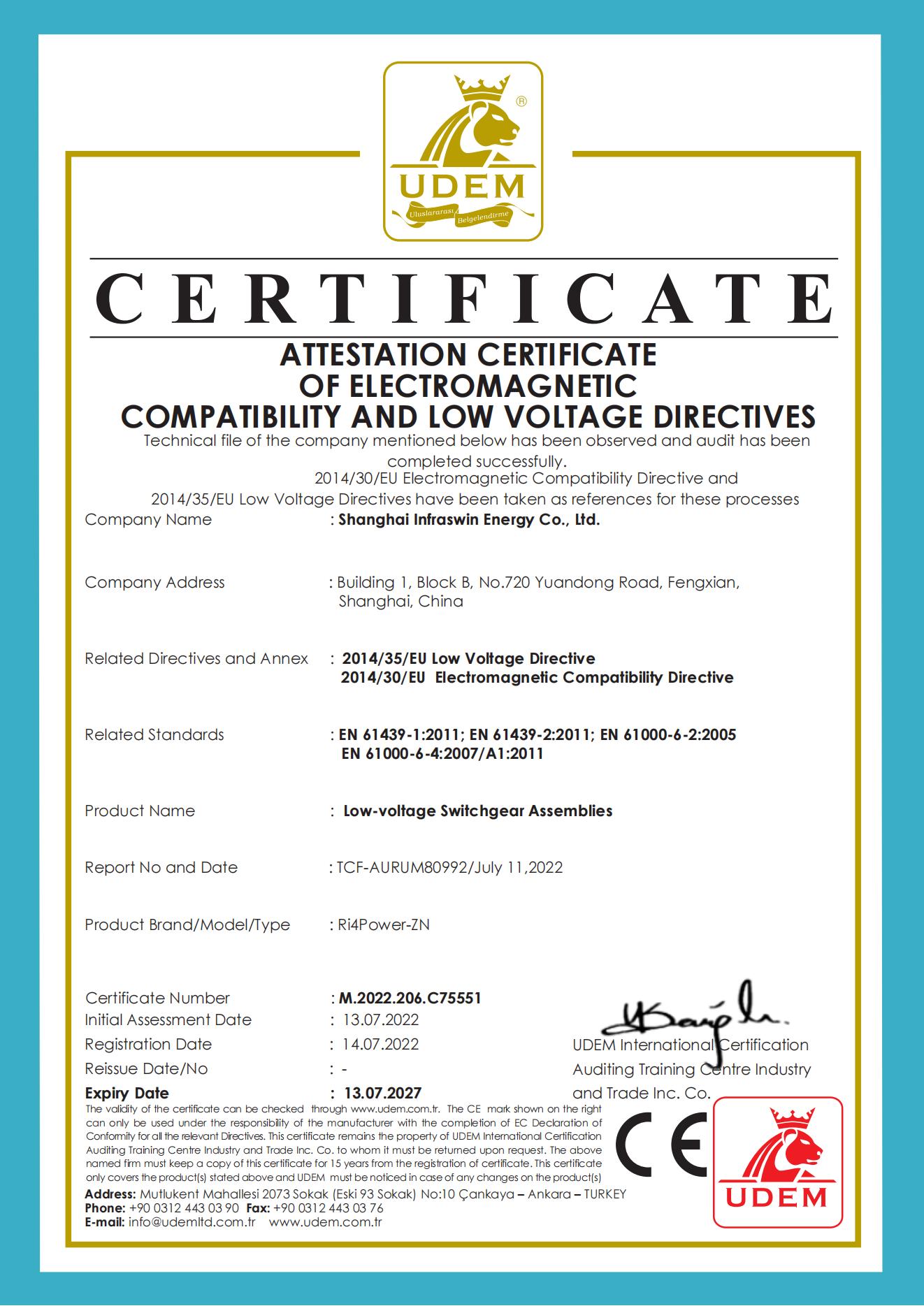 CE-Certified Low Voltage Switchgear认证证书1